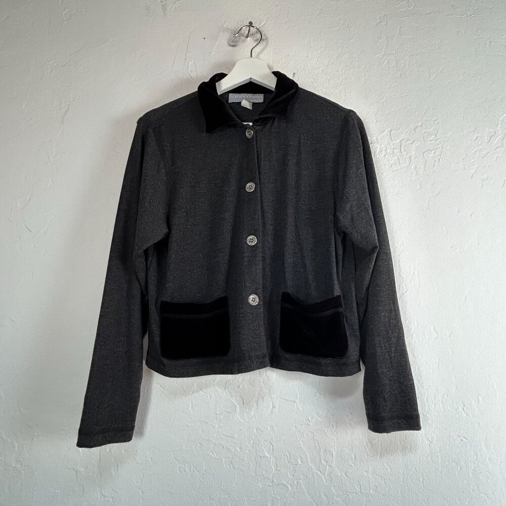Carol Anderson California Women Small Charcoal Gray Button-Up Jacket Velvet Trim